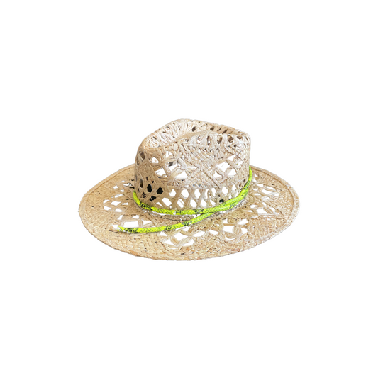 Straw Hat with Neon Green Snake Skin Hat Band